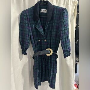 Green and Black Sheath Dress with Puff Sleeves